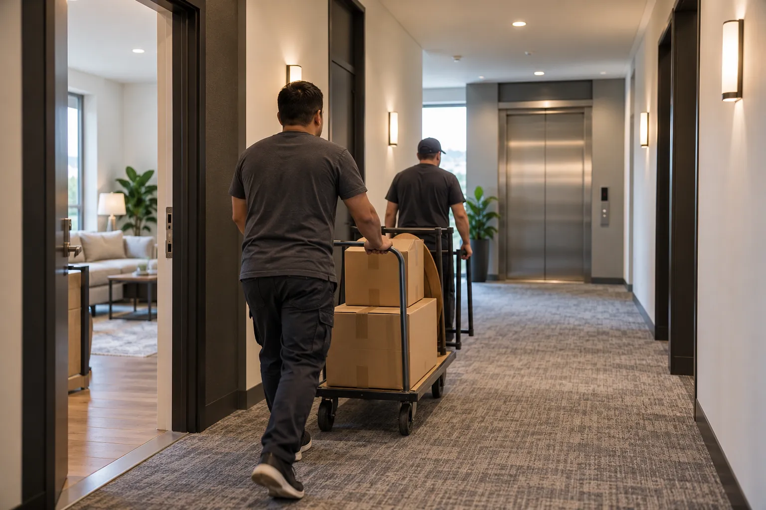 Generic workers using a hand truck in an apartment corridor near an elevator