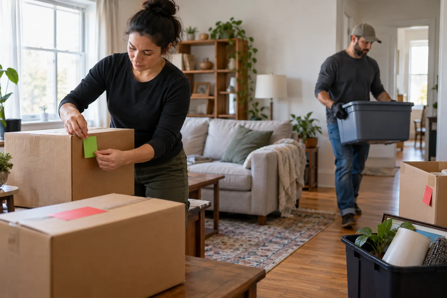 Generic workers sorting boxes in a modest apartment living area