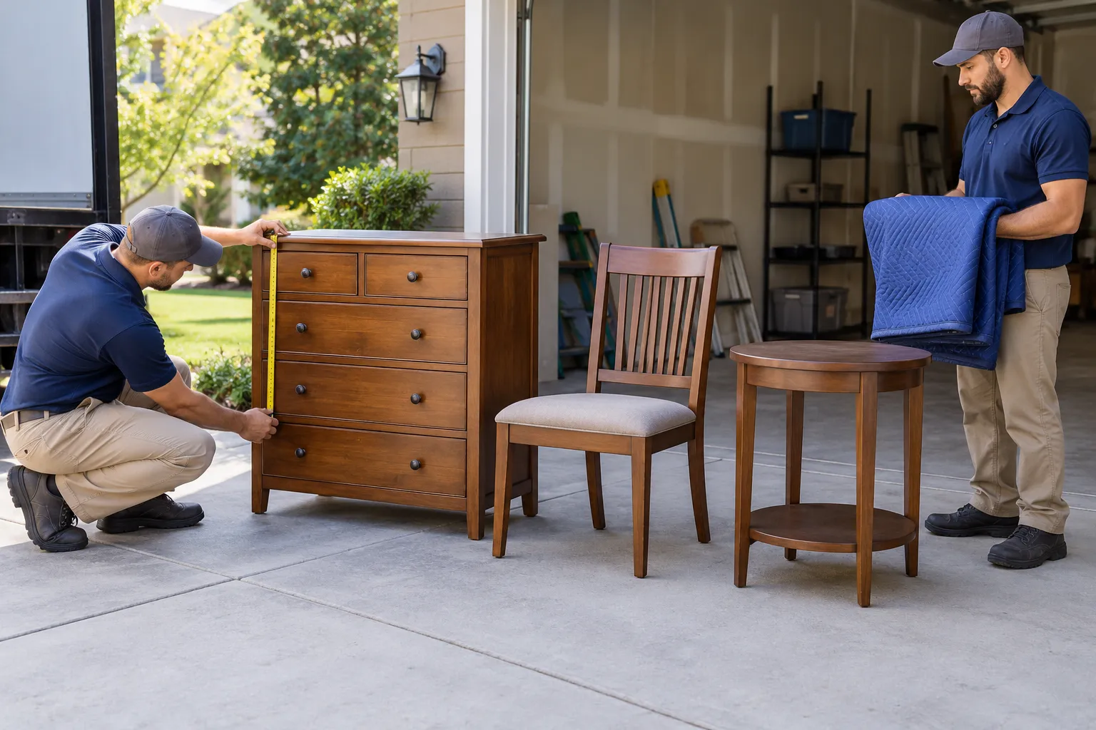 Generic workers measuring a dresser near a garage opening