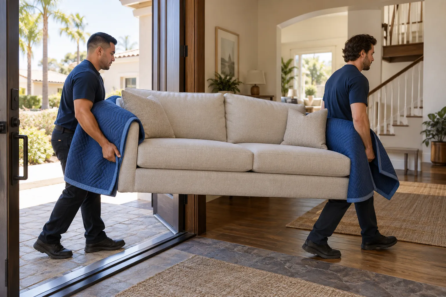 Generic workers carrying a sofa through a protected home doorway
