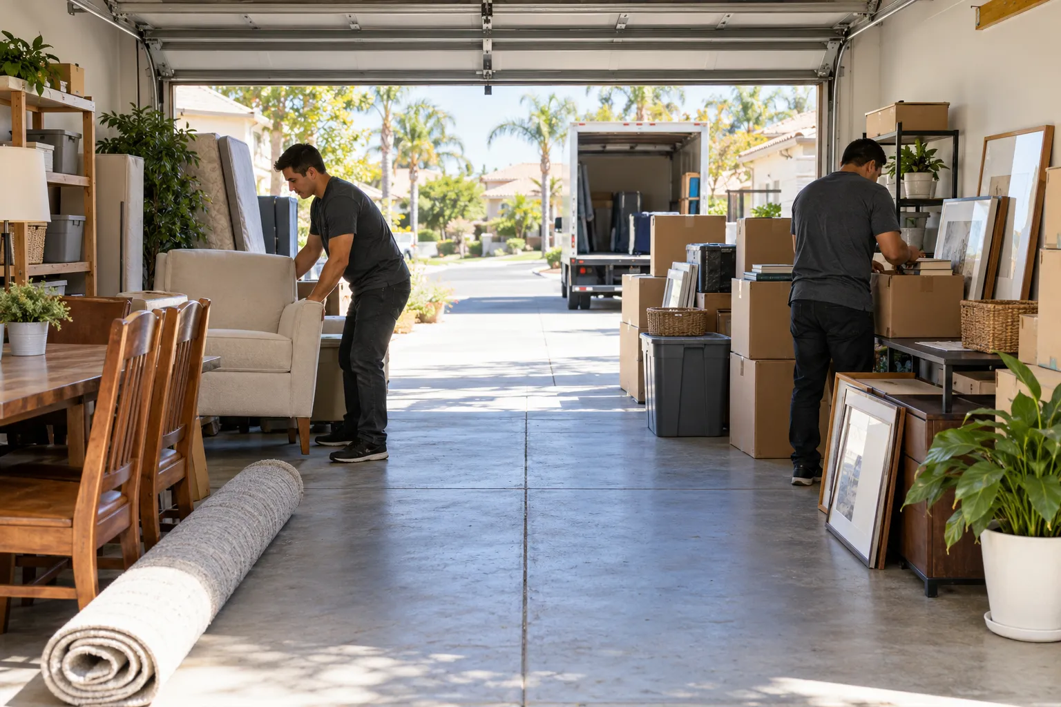 Generic workers organizing household items in a garage while keeping a clear lane