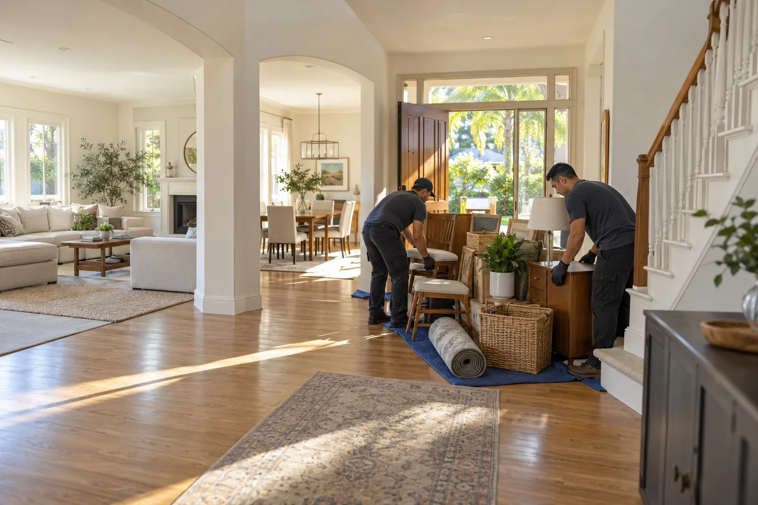 Generic workers consolidating unwanted household items near a home entry