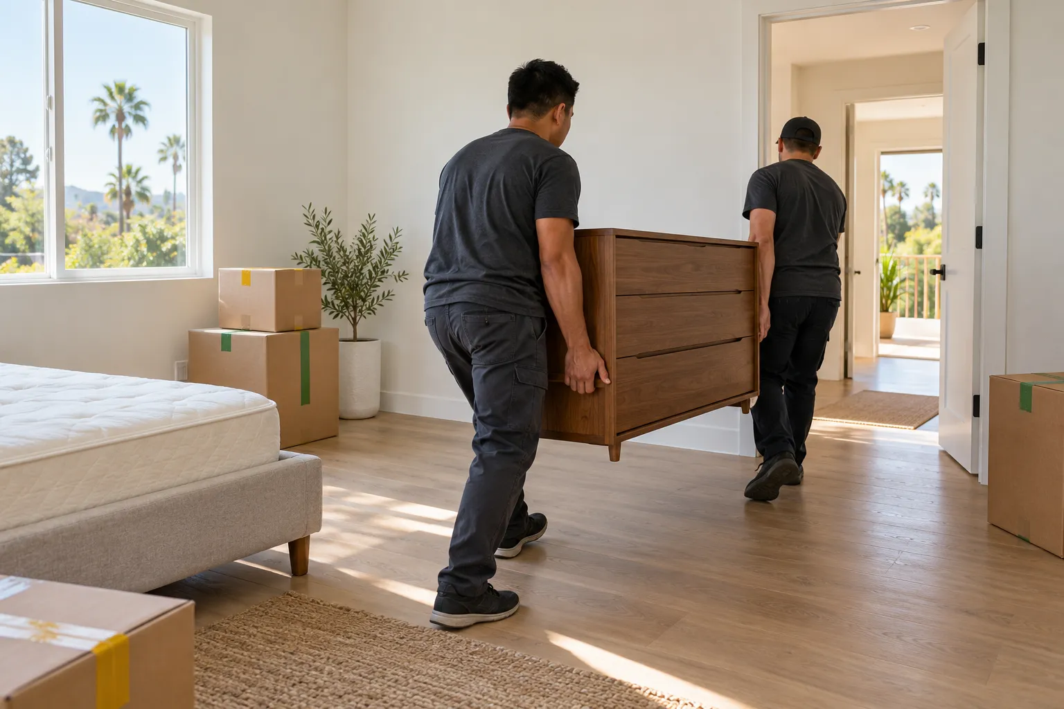 Generic workers carrying a dresser through a cleared bedroom doorway