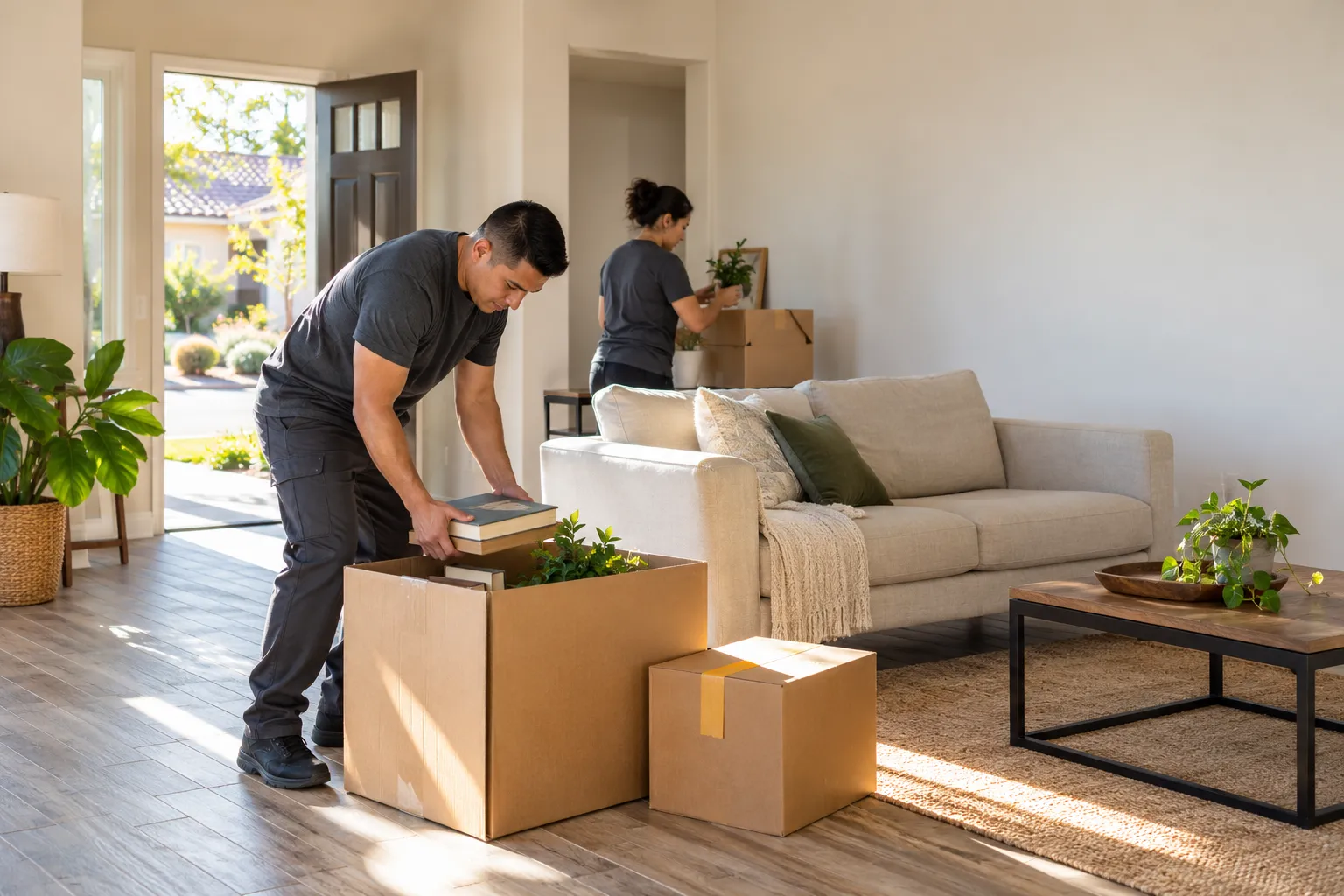 Generic cleanout workers sorting boxes and remaining items in a bright living room