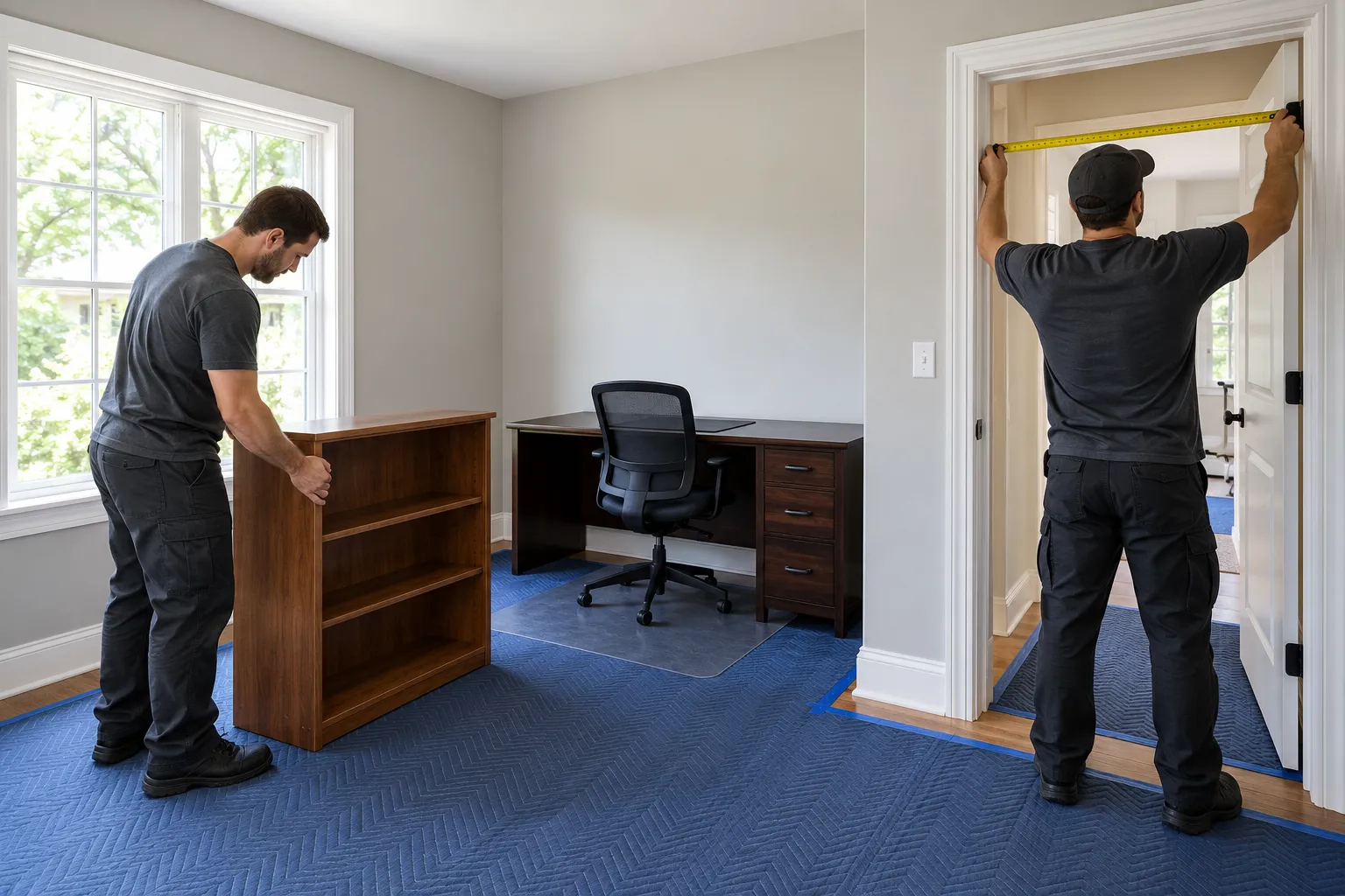 Generic workers measuring a doorway before removing a small bookcase