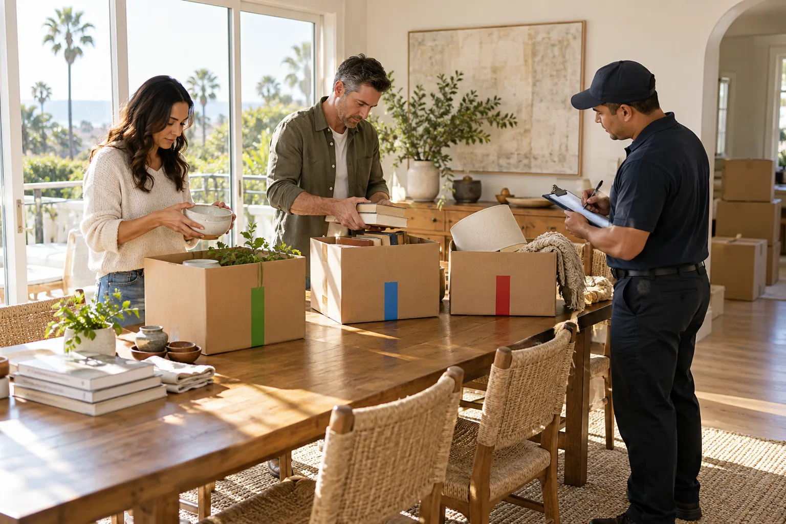 Homeowners sorting belongings by colored tape before moving day